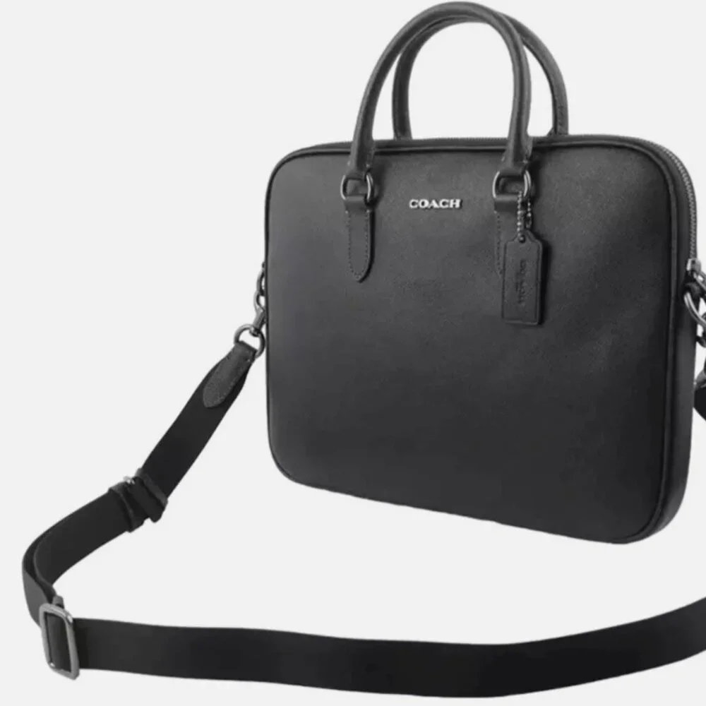 NEW Coach Liam Crossgrain Black Leather Compact Briefcase Small  Laptop Bag $450